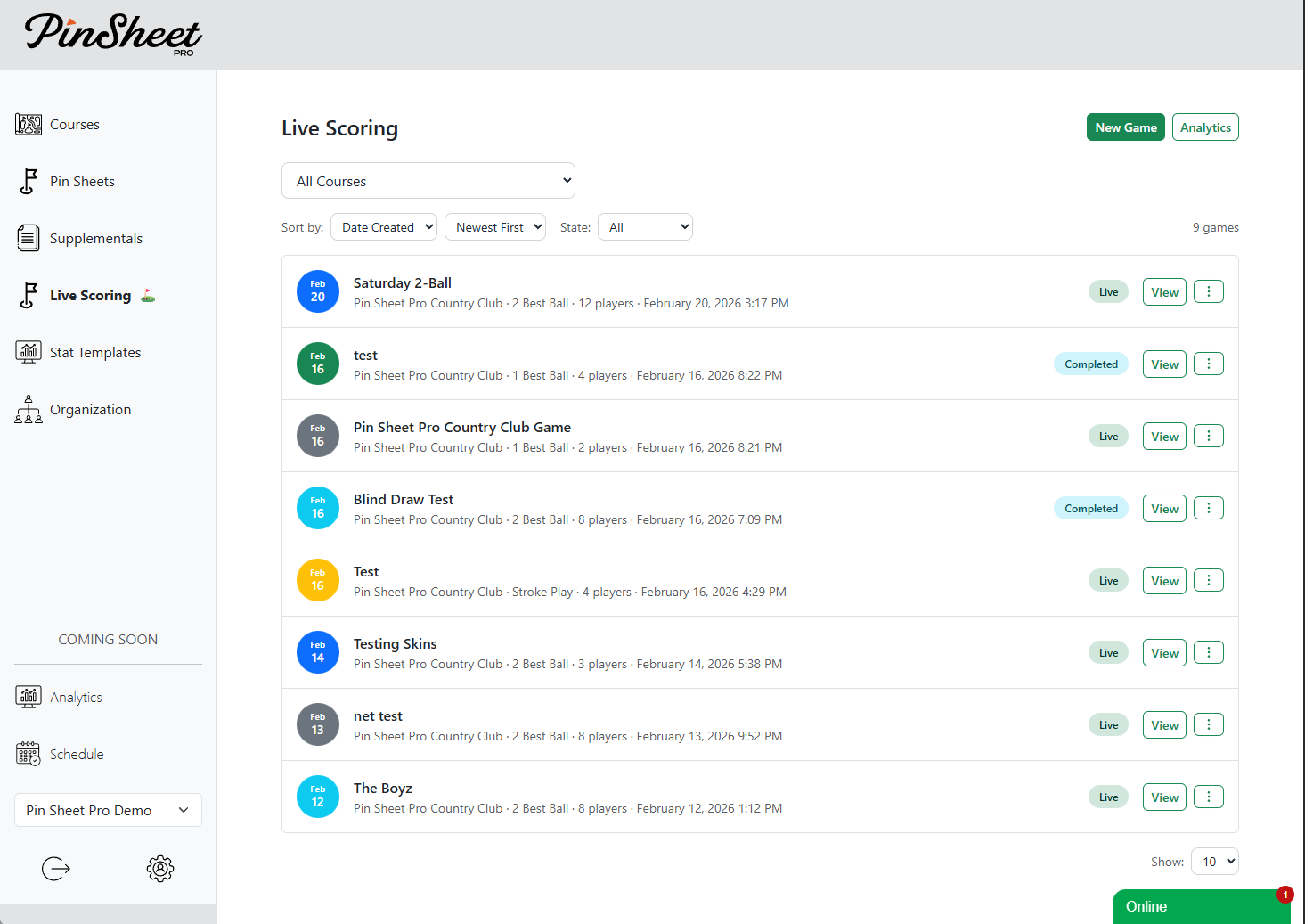 Admin dashboard with live game monitoring