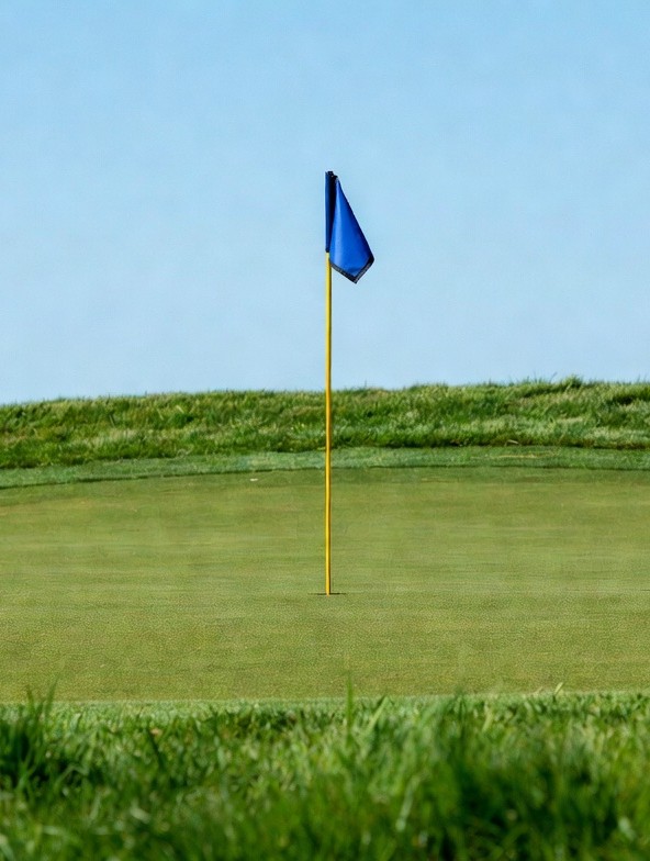 Colored flags on a golf green indicating front, middle, or back pin position