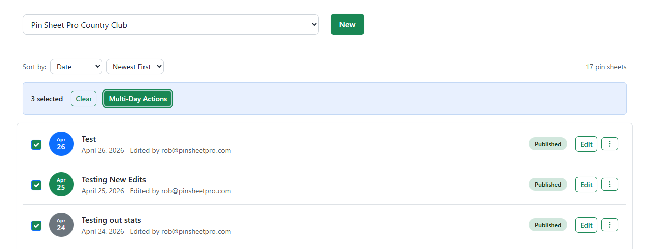 Admin interface for combining daily pin sheets into a multi-day event