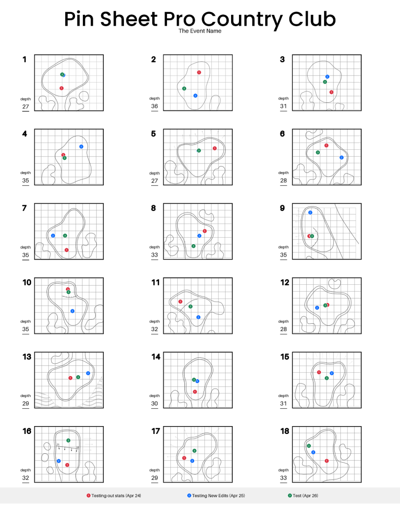 Multi-day pin sheet PDF showing color-coded pin locations for all rounds on every green